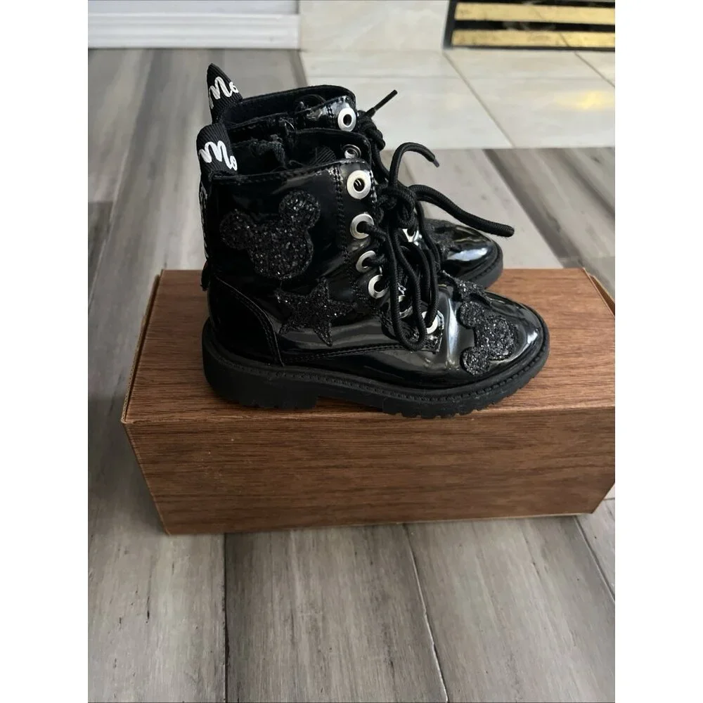 Zara Disney Mickey Mouse Boots   Side Zip Lace Front Girls Black US 11 EU 28